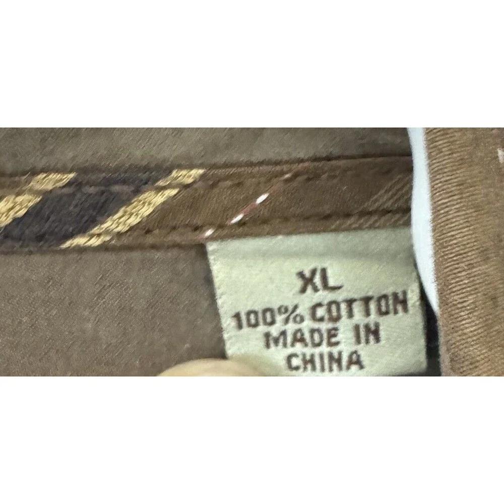 Tommy‎ Bahama Mens Cotton Button Up Shirt Brown w/ Stipes Floral Trim - Xl